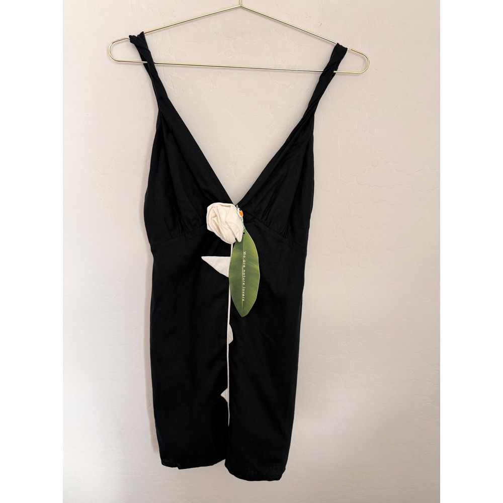Farm Rio Black and White Rose Piping Mini Linen Dress Sustainable NWT Size S